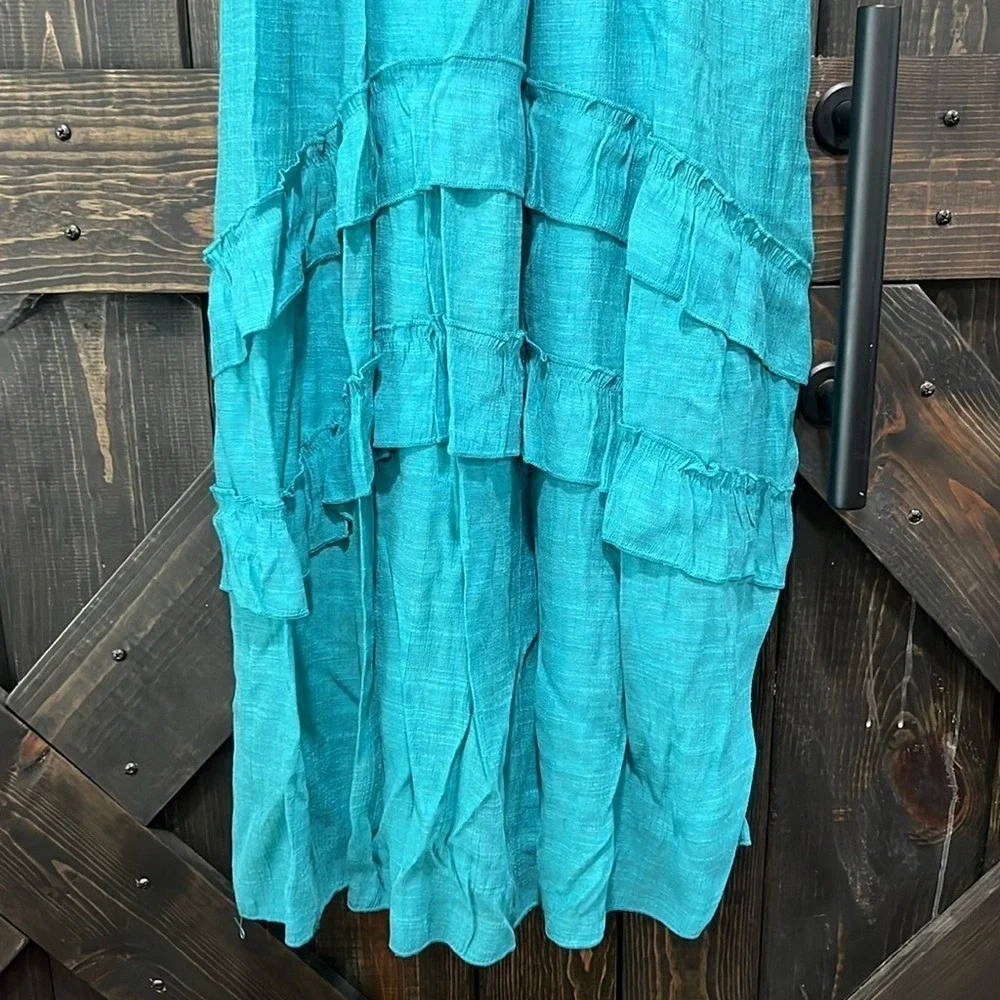 J Gee Maxi Dress S Teal Green‎ Blue Tiered Ruffle Boho Smocked Flutter Lace Trim - Picture 7 of 14
